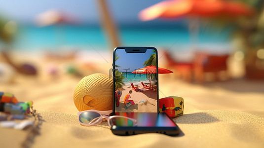 3D 渲染手机是夏季海滩必需品之一