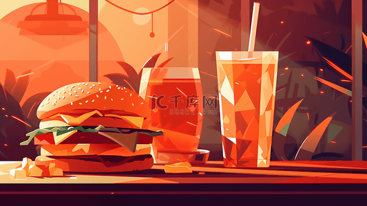 果汁汉堡早餐插画背景