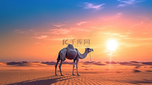 古风景背景图片_骆驼在日落时穿越沙漠的辉煌 3D 渲染