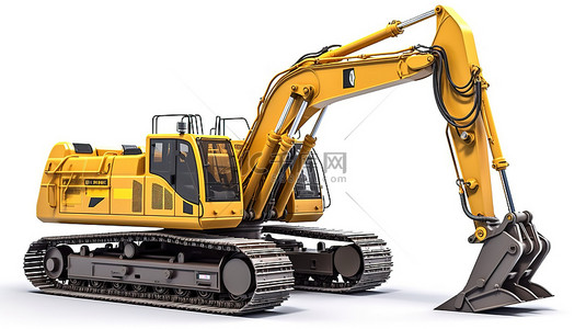 机械背景图片_黄色 3d 挖掘机放置在孤立的白色背景重型施工机械上，详细侧视特写
