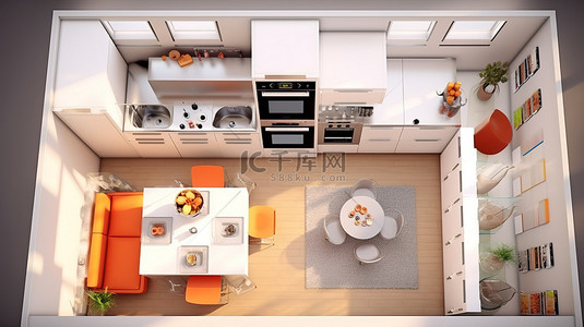 厨房背景图片_3D 俯视图和正交投影的现代厨房室内设计