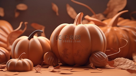 自然界中卡通棕色南瓜蔬菜的秋季喜悦 3d 渲染