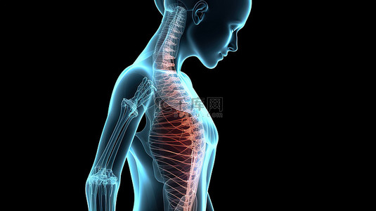 手放在肩上的疼痛中的女性医疗人物 3D 渲染