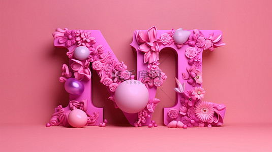 高架 3D 渲染粉红色背景，带有精美的“may”字样