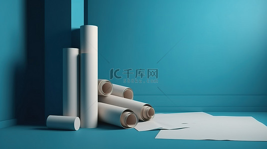 倾斜背景图片_商业模板概念倾斜空白纸，在 3D 渲染的蓝色墙壁上有复制空间