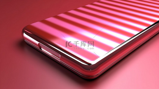带有粉色和红色条纹的闪亮铬手机表面的 3D 渲染