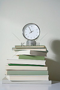 在一起背景图片_书本叠放在一起，而时钟则显示在背景中