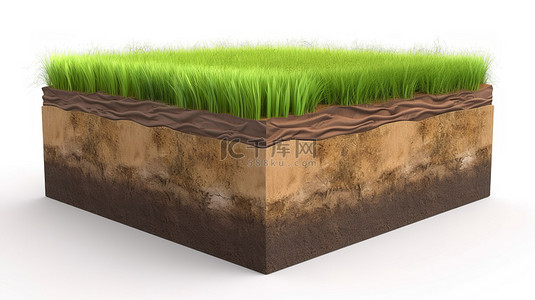白色背景上隔离的 3D 渲染土壤立方横截面中的绿草