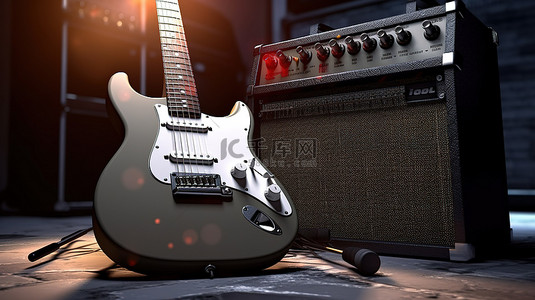 乐器背景图片_录音室中带金属饰面放大器的电吉他的 3D 渲染