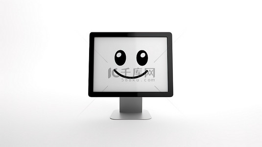 在白色背景下的简约桌面计算机屏幕上显示表情符号的孤立符号的 3D 渲染