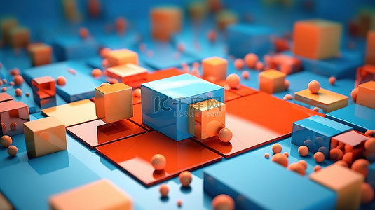 支付平台背景图片_橙色和蓝色色调的几何平台以 3D 呈现的信用卡和礼品盒概念的抽象组合