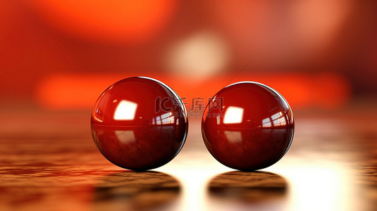抽象 3D 插图中带有双光泽红色球体的模糊棕色背景