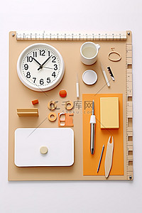 一块板，内衬多种办公配件，包括时钟钢笔回形针和橡皮