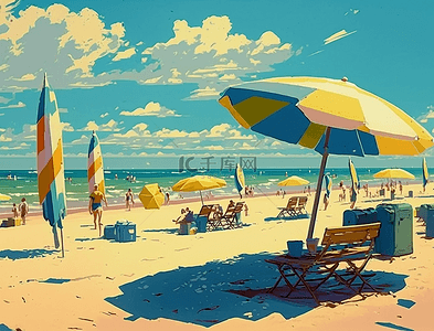 遮阳伞夏日沙难海滩沙滩水彩背景