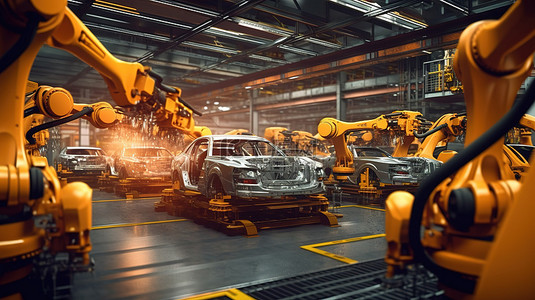 43汽车背景图片_3D 渲染机器人装配线，配有汽车发动机或汽车工厂自动化的机器表现