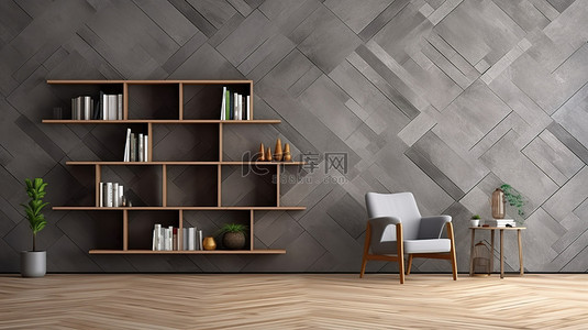 时尚简约的灰色图案墙壁和木地板，空荡荡的房间里配有别致的椅子和书桌书架3D 渲染