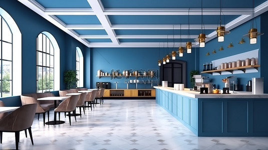 现代厨房室内设计时尚的餐厅和别致的咖啡厅设置蓝色背景 3D 渲染图像