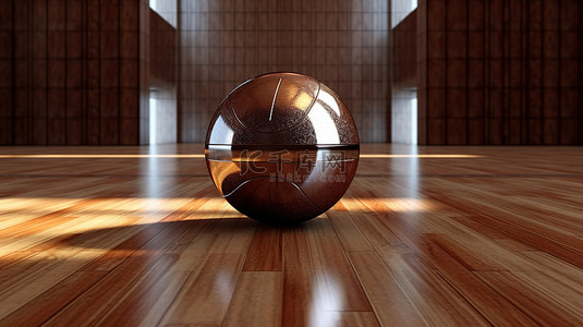 讲台和地板上棕色篮球的 3D 渲染