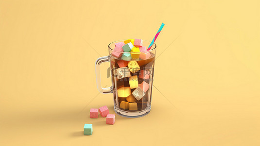 米色背景上带有糖果和稻草的冰霜茶点玻璃 3D 渲染