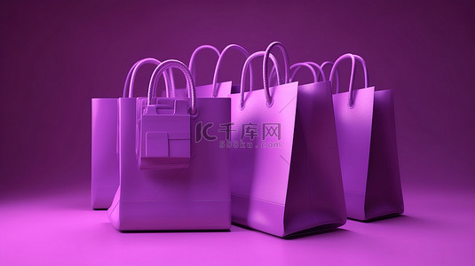紫色按钮背景图片_在线购物概念 3d 渲染紫色背景上的可点击购买按钮与 3d 购物袋