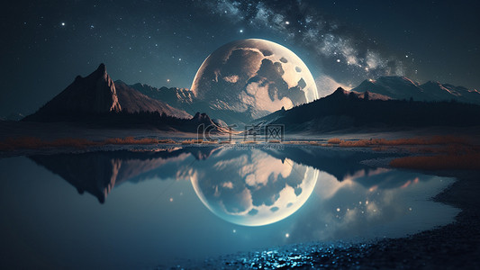 黄色月亮背景图片_月亮星空湖水背景