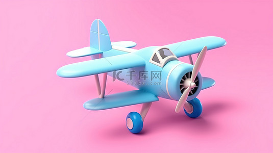 蓝色塑料儿童双翼飞机玩具，在俏皮的粉红色背景 3D 渲染上进行模拟