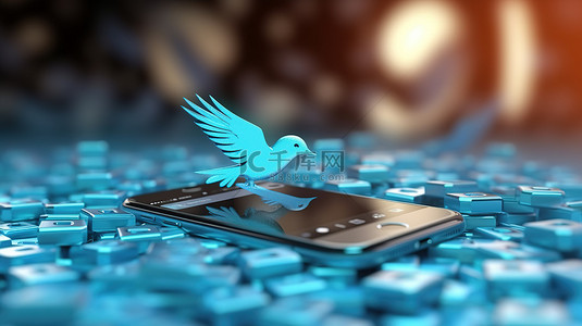 智能科技背景图片_具有景深的电话和 Twitter 徽标的插图 3D 渲染