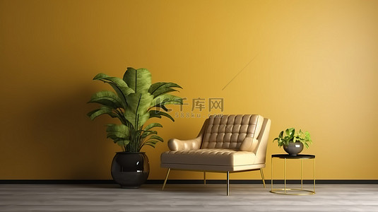 简约的金色墙壁，配有单独的沙发边桌和地板上郁郁葱葱的绿色植物 3D 渲染