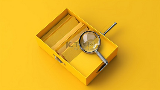 带有文档和放大镜的时尚黄色文件夹，用于高效文件搜索 3D 渲染