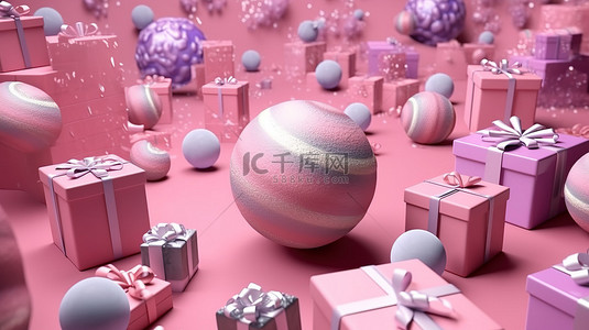 在空间背景中随机放置粉红色 3D 礼物，用于在线购物 3D 渲染