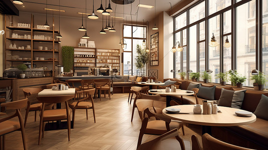 漂浮背景装饰背景图片_舒适的咖啡店或餐厅空间的 3D 渲染