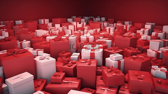 各种尺寸的红色礼品盒，在 3D 渲染中带有白色丝带