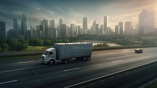当一辆移动的货车沿着 3D 渲染的高速公路行驶时的城市景观背景