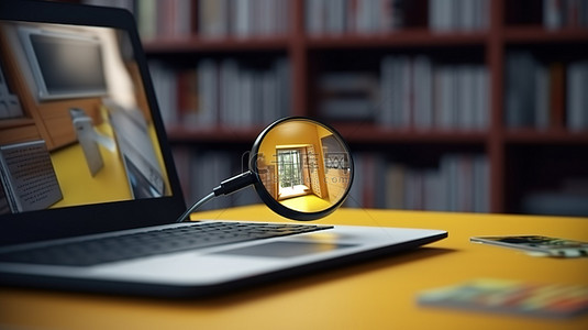 学术背景图片_虚拟图书馆在线教育和搜索通过笔记本电脑屏幕与放大镜逼真的 3D 渲染黄色