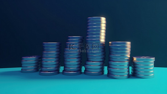 蓝色背景上堆放的硬币的简约风格 3D 渲染