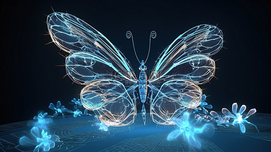 3D 渲染技术展示了背景上蓝色蝴蝶萤火虫花和太阳的线框