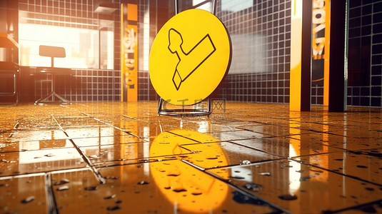 警告不和谐湿地板标志 3D 渲染的黄色社交媒体营销插图