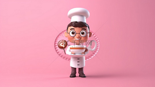 厨师卡通背景图片_可爱的厨师面包师咖啡师拿着粉红色背景 3D 渲染的咖啡杯