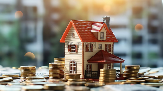 房地产背景图片_房地产交易购买和出售住房上的按钮与货币背景 3D 渲染