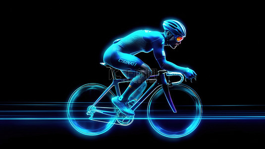 霓虹蓝色全息图自行车手在自行车比赛中侧视赛车 3D 插图与复制空间