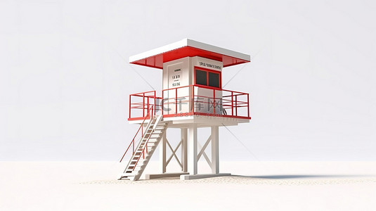 与阳光明媚的海滩上的救生塔近距离接触，白色背景 3d 渲染