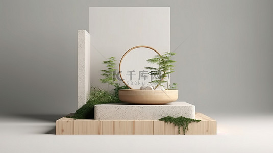 时尚的底座支架，具有现代家居和 3D 渲染中郁郁葱葱的绿色植物