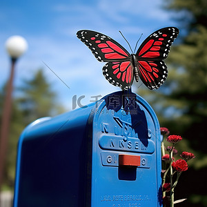 美国邮箱前的蓝色帝王蝶