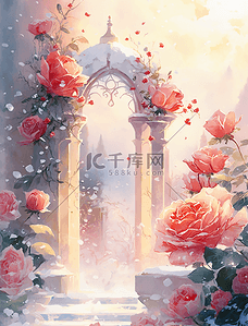 浪漫花卉背景图片_卡通梦幻浪漫玫瑰拱门油画装饰画背景