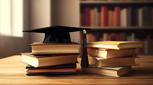 毕业帽和木桌上的一堆书的 3D 渲染