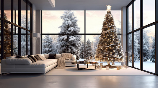 现代圣诞树用自然光装饰 3D 渲染的现代室内生活空间