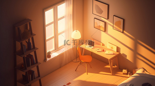 卡通房子室内背景图片_简约的现代卡通风格 3d 渲染等距内部视图与晚间阳光椅台灯窗和书架