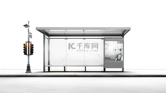 白色背景 3D 渲染上的水平路灯广告牌样机独立广告亭