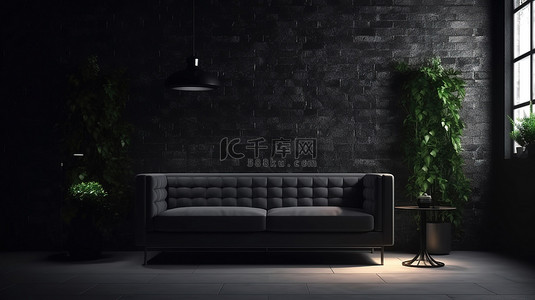 黑色砖墙背景图片_现代生活空间 3D 渲染的黑砖墙和混凝土地板，辅以沙发和盆栽植物