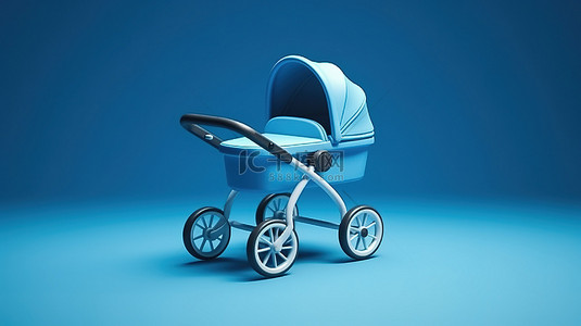 妈妈和孩子背景图片_时尚的双色调蓝色婴儿车婴儿车和婴儿车在充满活力的背景 3D 渲染上模拟